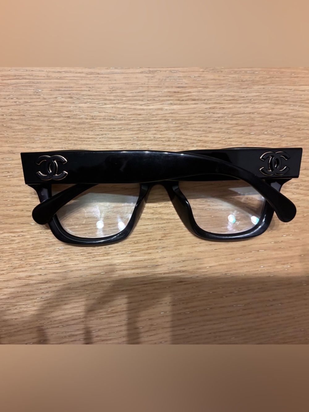 CHANEL Black Acetate Rectangular Glasses with Silver CC Accent